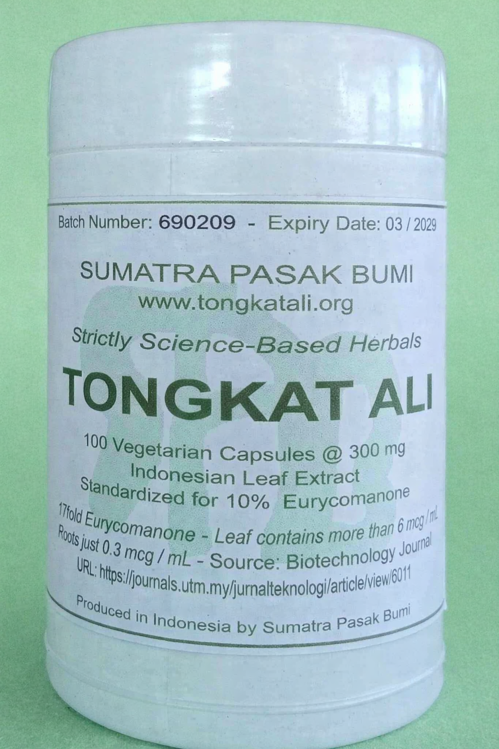 Image of 1 bottle of Sumatra Pasak Bumi Tongkat Ali Leaf Extract, Standardized for 10 percent Eurycomanone