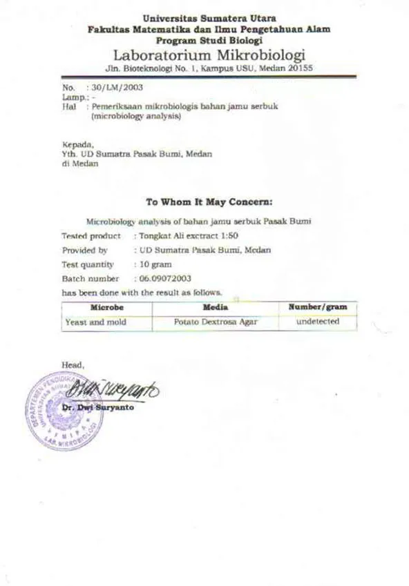 北苏门答腊大学酵母菌与霉菌检测分析证书