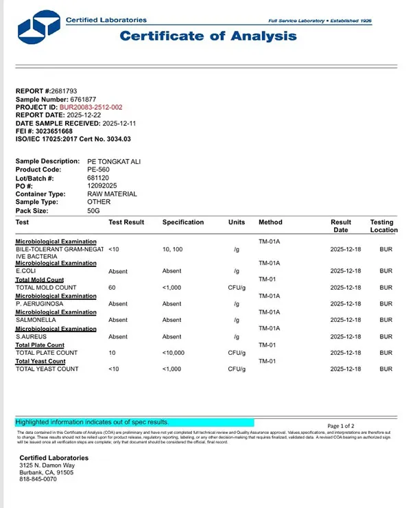 Certified Laboratories 检测分析证书 — 第 1 页