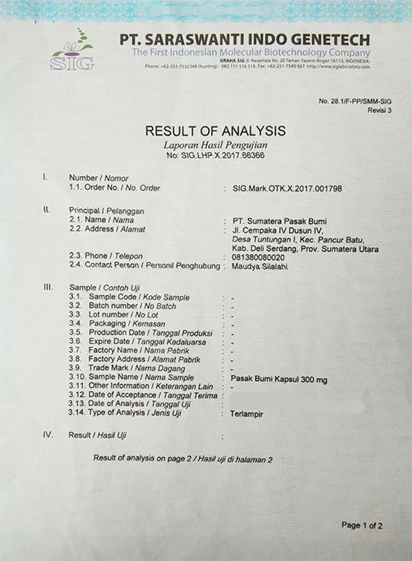 PT Saraswanti Indo Genetech 检测分析证书 第 1 页