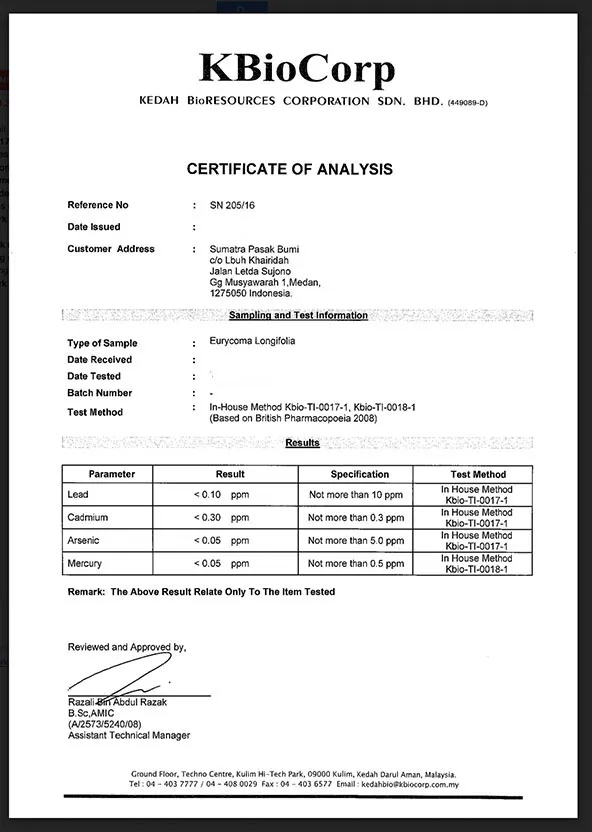 KBioCorp 重金属检测分析证书