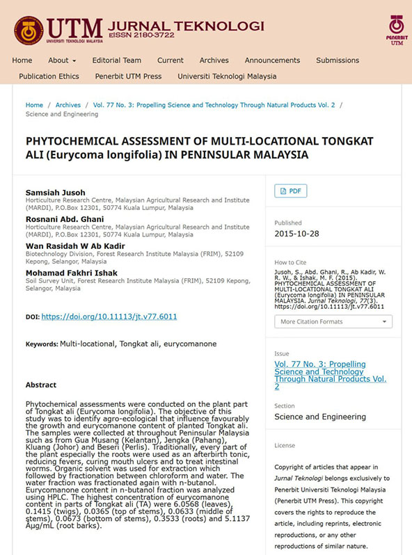 Eurycomanone concentration study conducted by Universiti Teknologi Malaysia